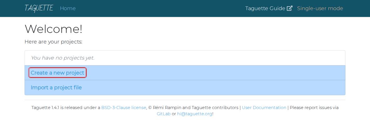 The Taguette welcome screen. Box: Create a new project.