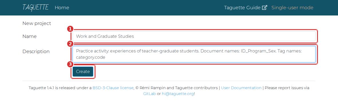 The New project page. 1 Name. 2 Description. 3 Create.