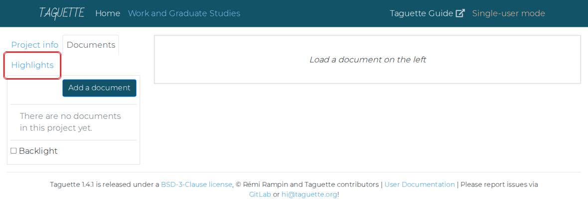 A new, empty project. The Highlights tab (box) is where tags live.