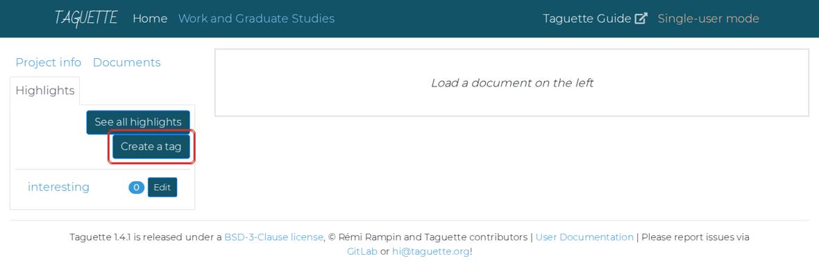 The Highlights tab. Box: Create a tag. Taguette starts with one tag called interesting.