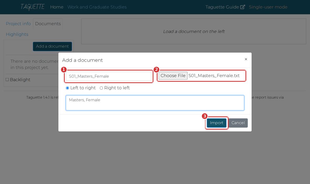 The Add a document window. 1 Name (type it). 2 Choose File. 3 Import.