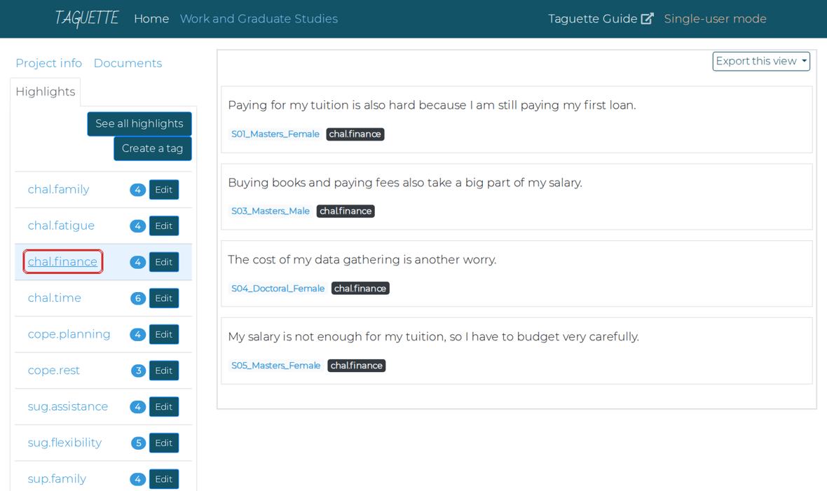 Clicking chal.finance shows every statement with that tag, from all transcripts, with the participant name under each.